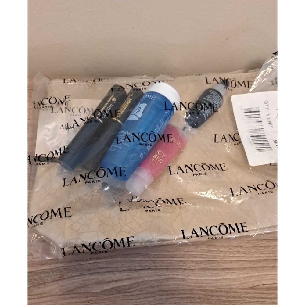 Lancome 6 Piece Makeup Bag Taupe With Mascara Lipstick Skin Toner Facial Cream